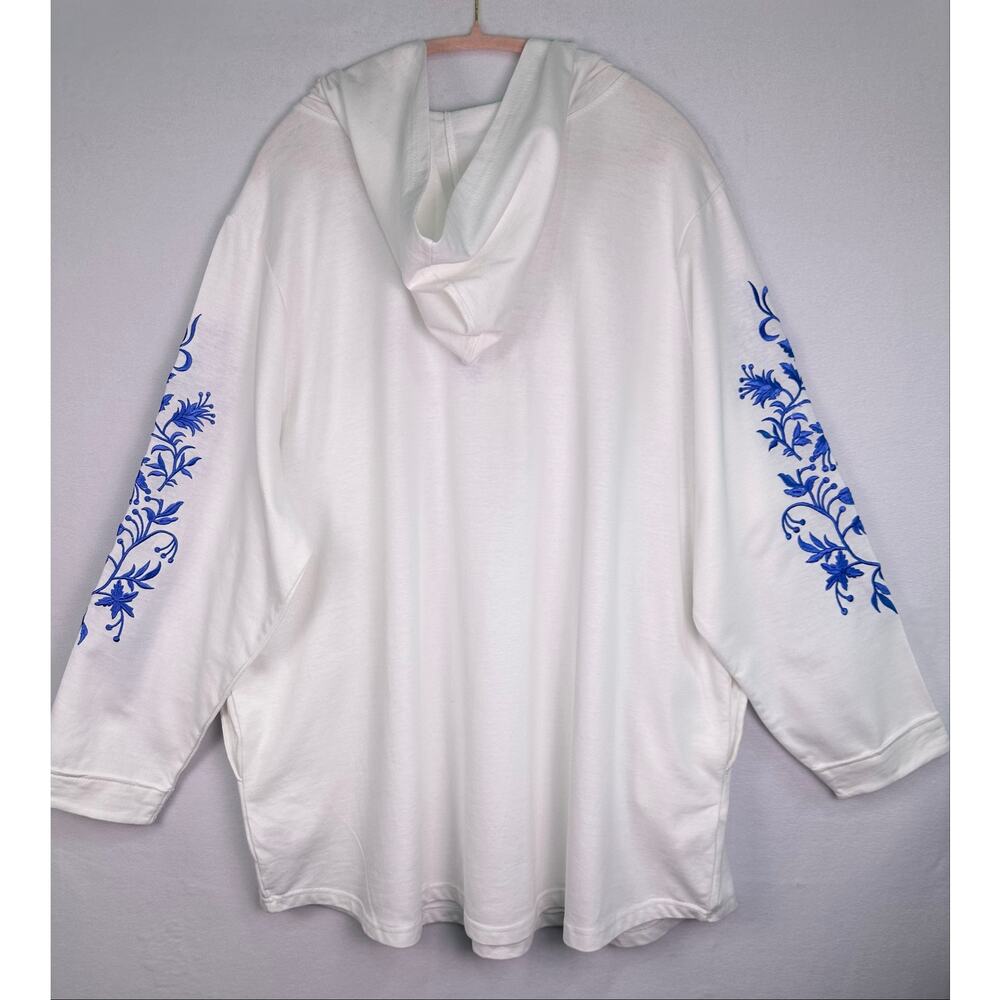 Woman Within White Embroidered Floral Hoodie Tunic 2X Blue Split Neck Sweatshirt - Picture 3 of 11